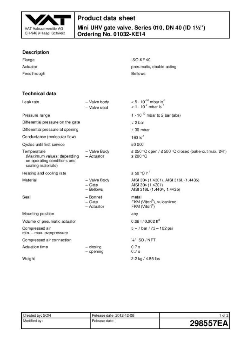 Mini UHV Gate Valve VAT Valves