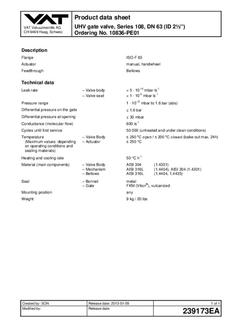 UHV Gate Valve VAT Valves