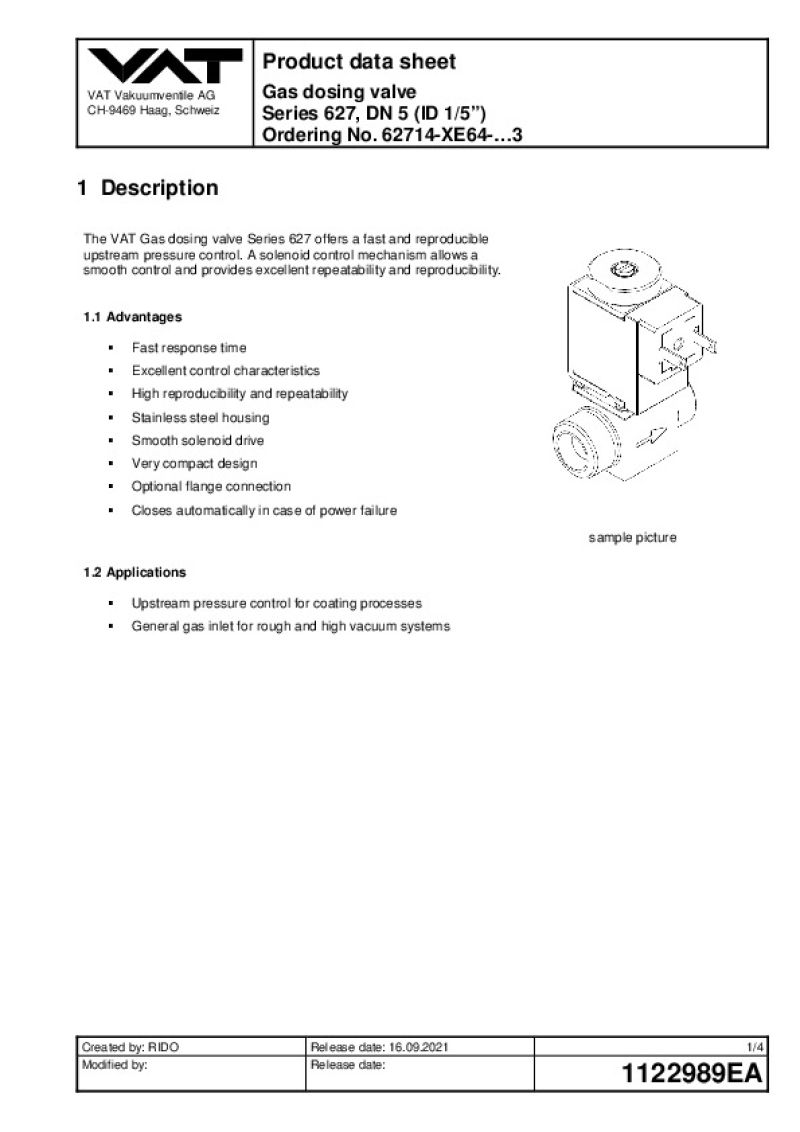Gas Dosing Valve VAT Valves