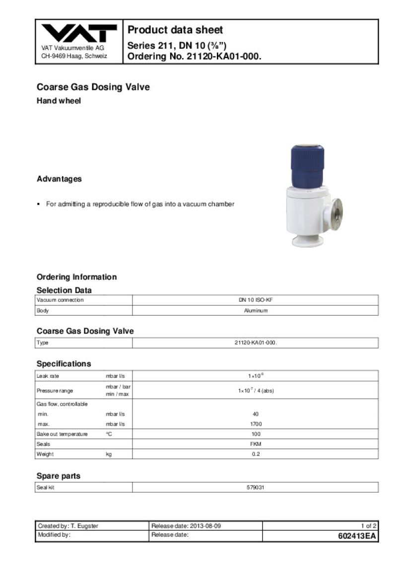 Gas Dosing Valve VAT Valves