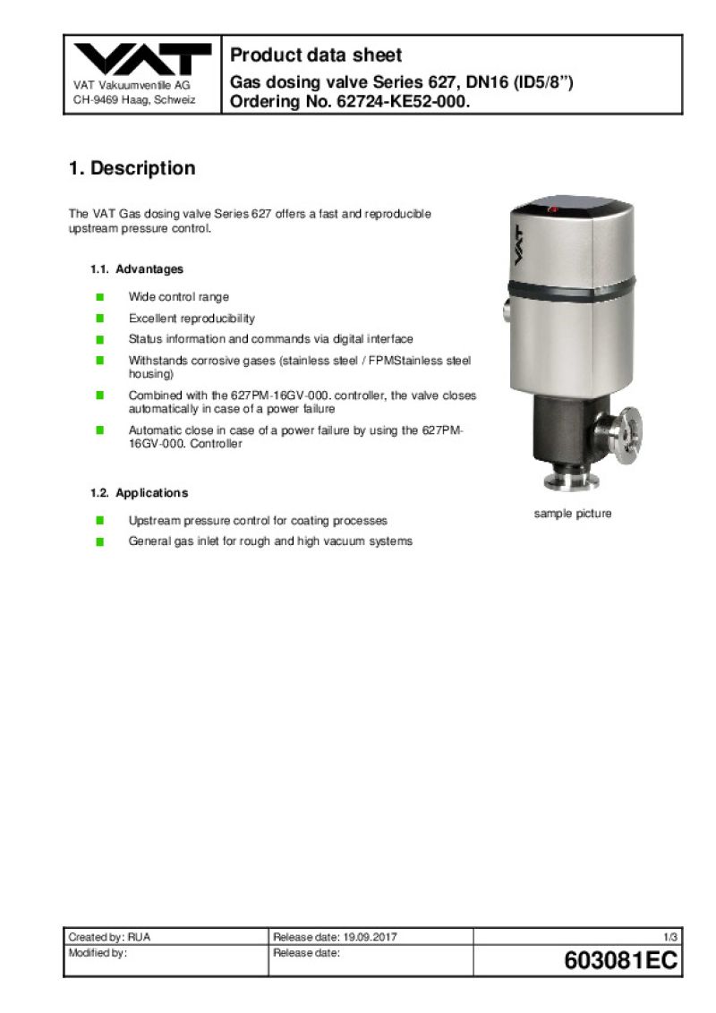 Gas Dosing Valve VAT Valves