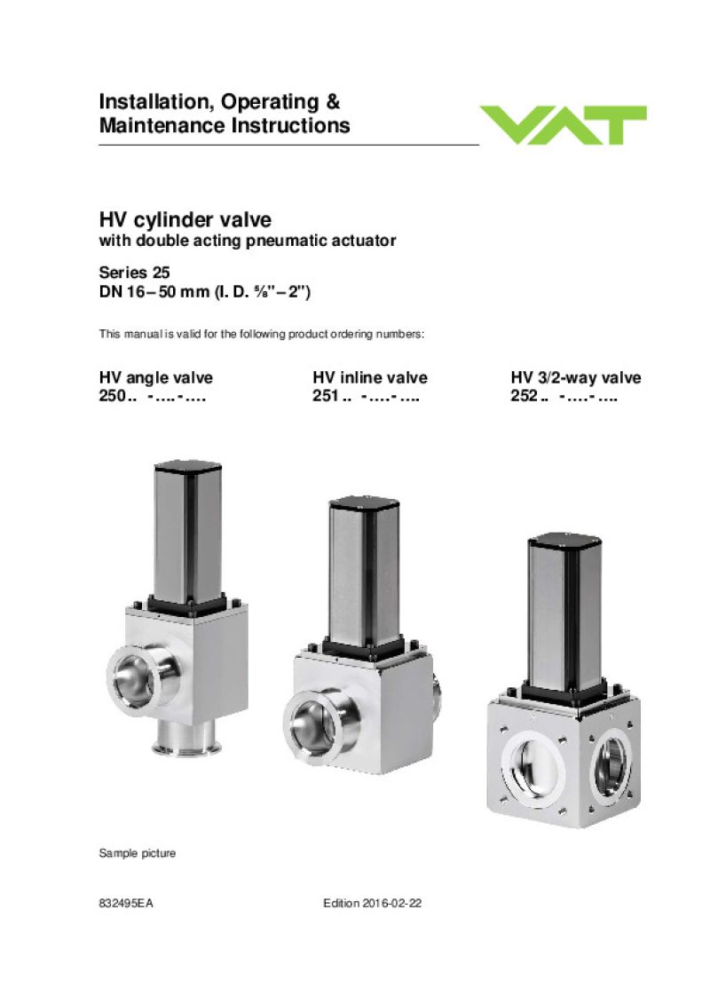 HV Cylinder Valve (3/2 Way Version) VAT Valves